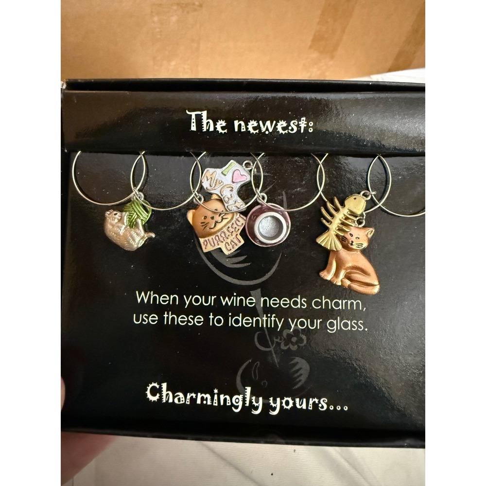 Cat Wine Glass Charms Set of 6 Feline Theme Drink Markers Kitten Lover Gift